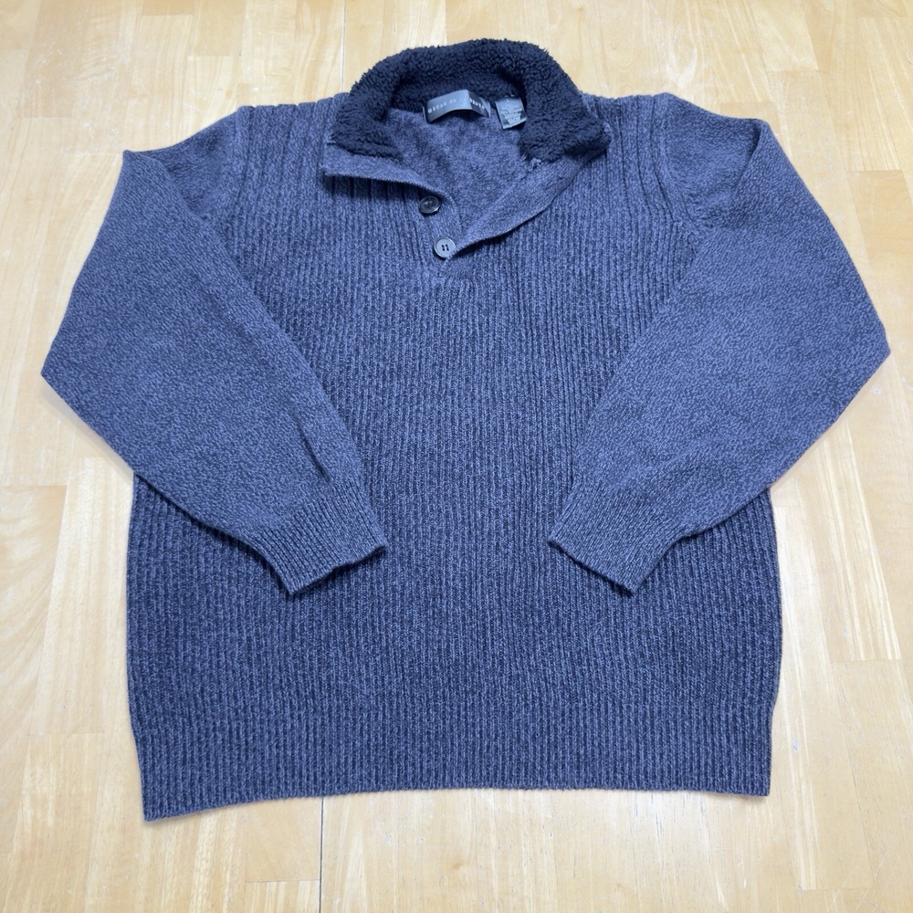 Oscar De La Renta Men's Sweater Blue Long Sleeve Henley Pullover Fur Collar L